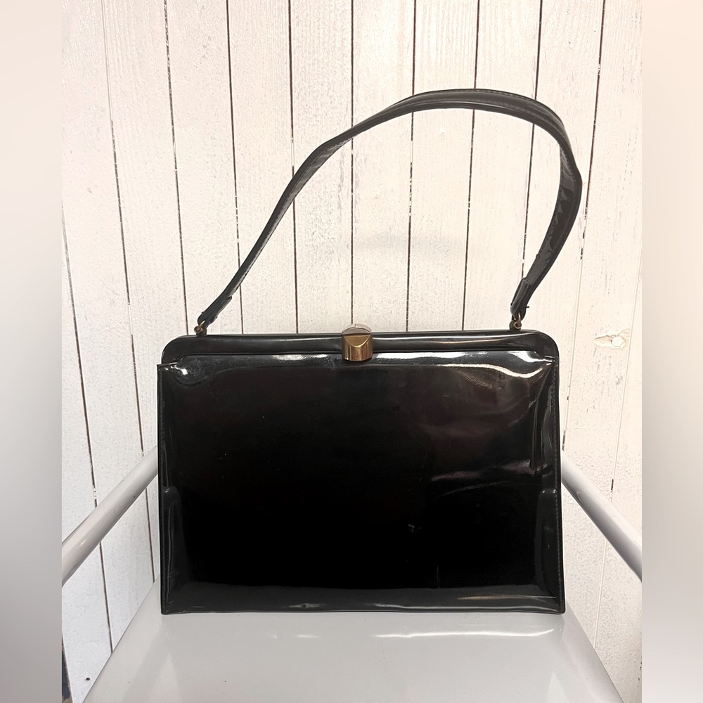 Vintage Theodor 1960s Black Patent Handbag With Black Fabric Lining